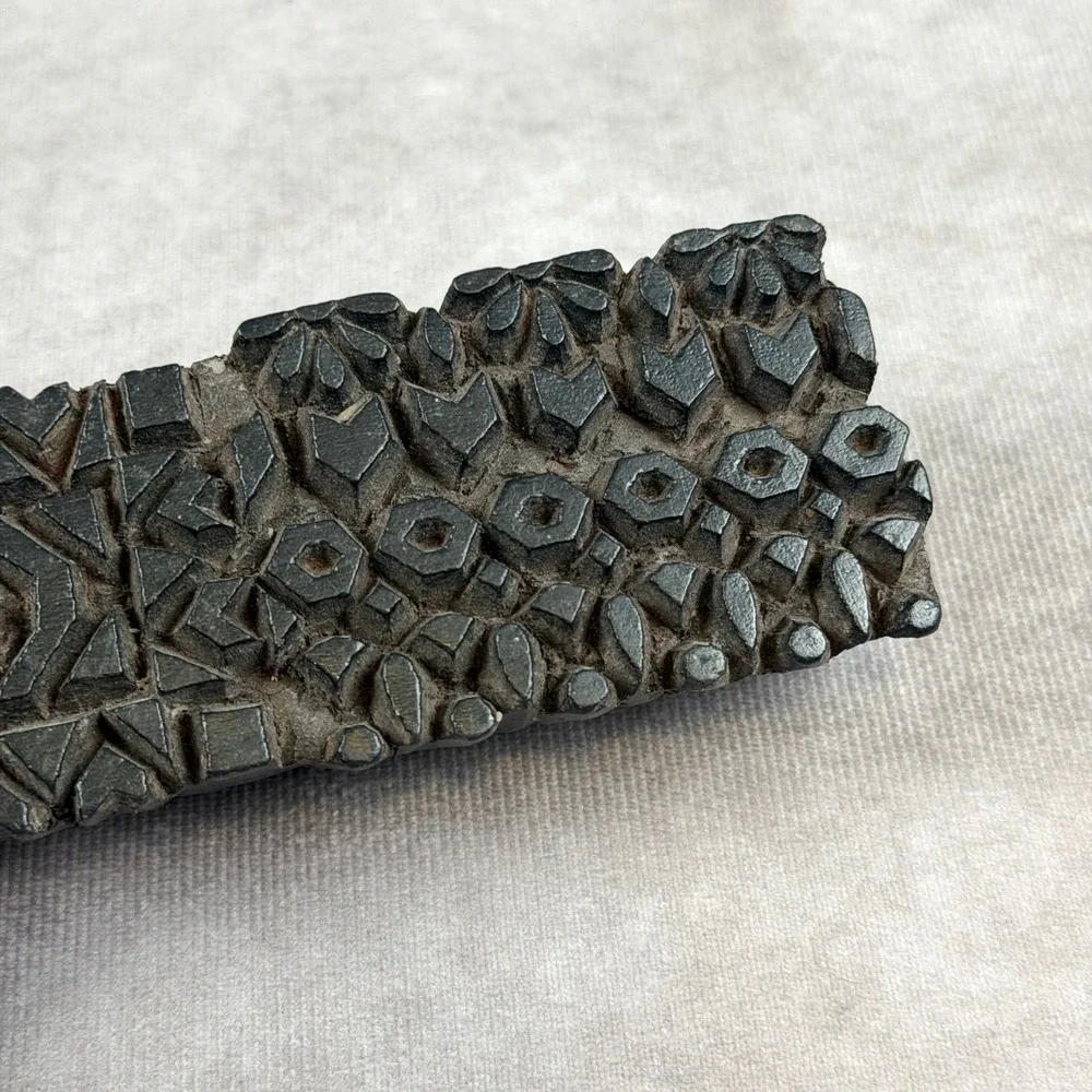 Vintage Hand Carved Wooden Textile Printing Block Geometric Floral Design Stamp